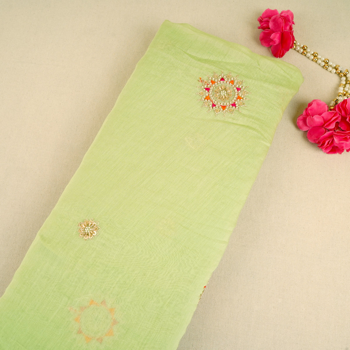 Light Lime Green Floral Cutdana Embroidery Mul Chanderi Fabric SN-30096 - TradeUNO