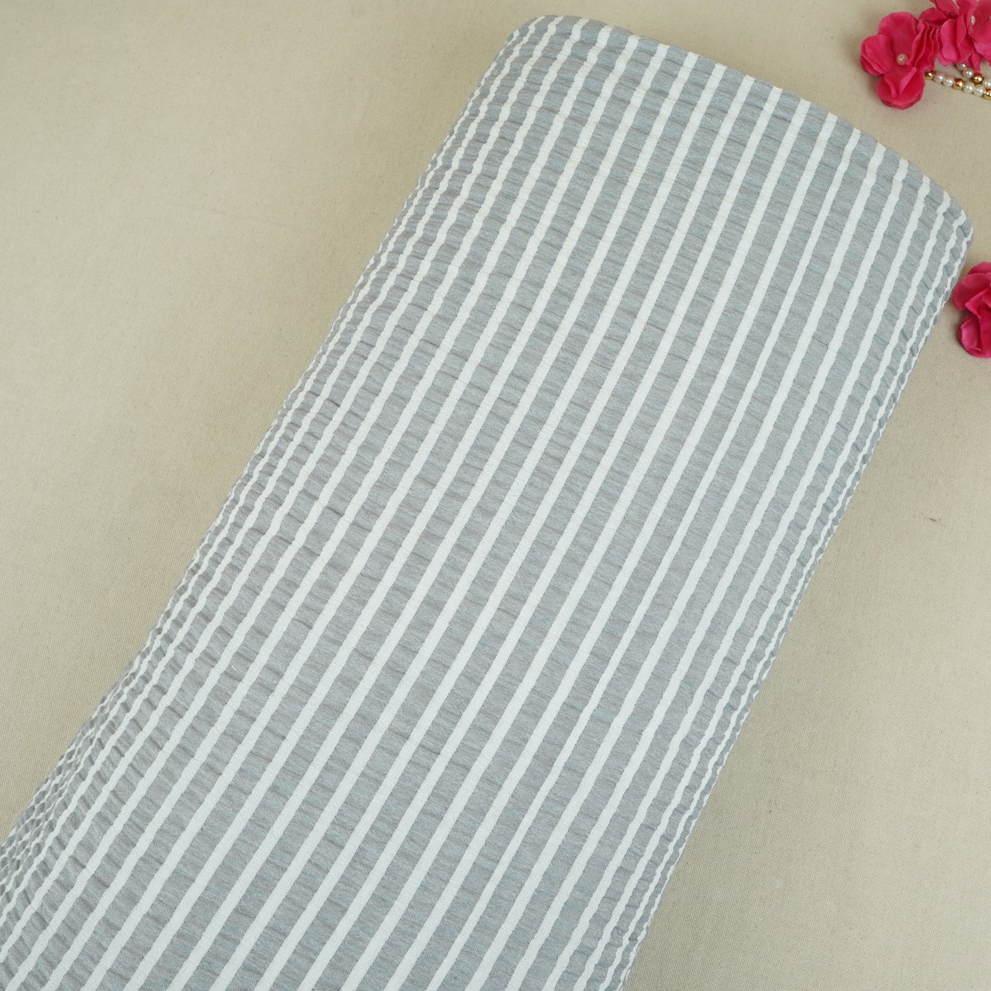Grey with White Stripes Seer sucker Cotton Fabric RS-30204