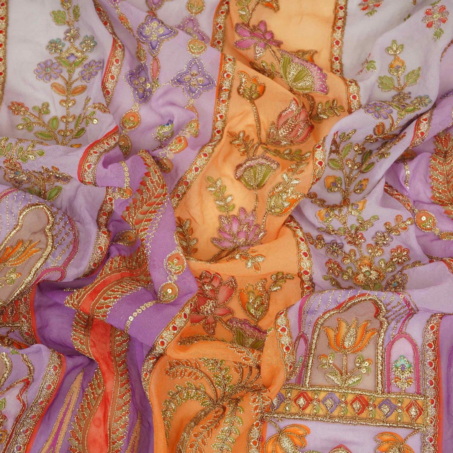 Purple with Multicolor Traditional embroidery Georgette Fabric NVC-31555