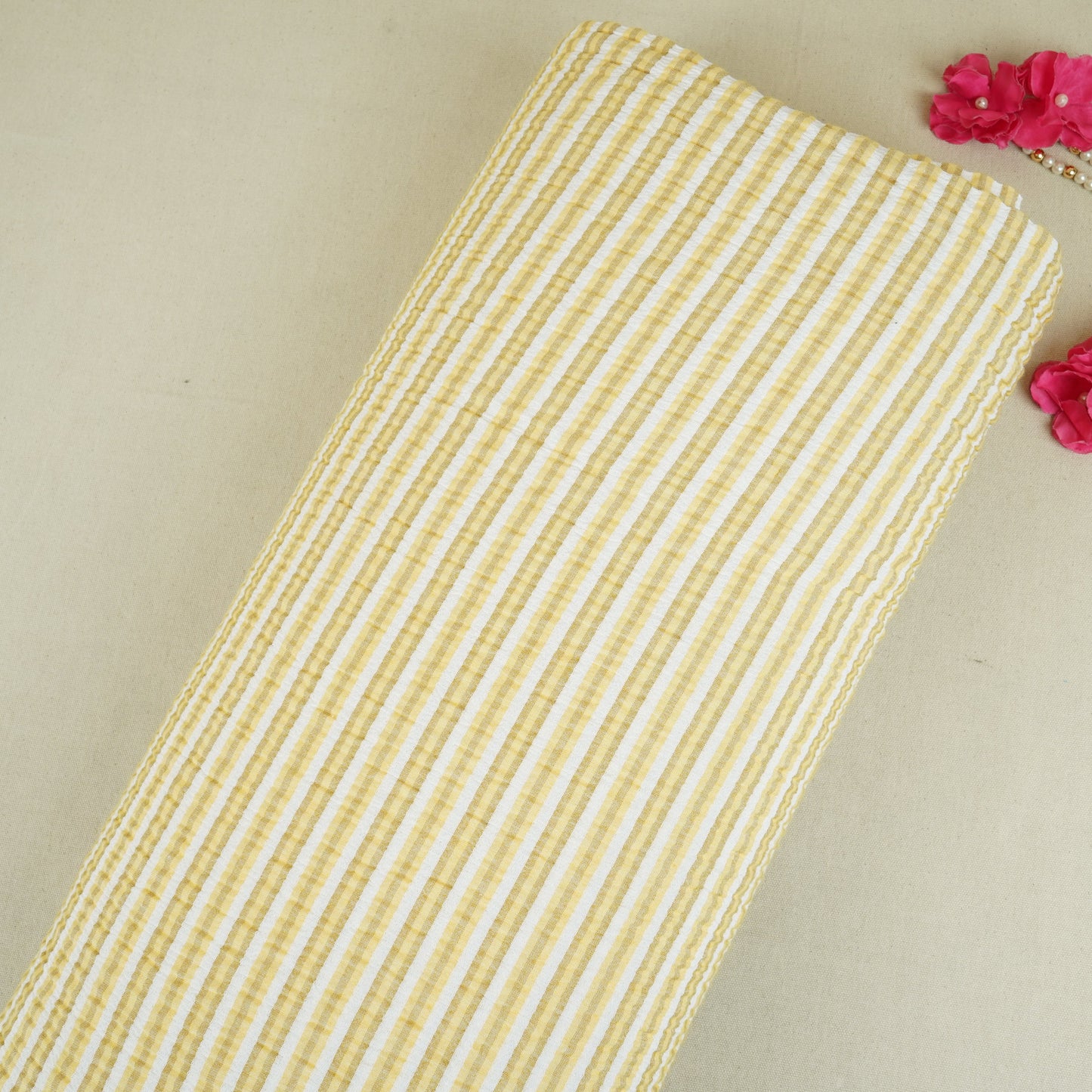 Yellow with White Stripes Seer sucker Cotton Fabric RS-30203