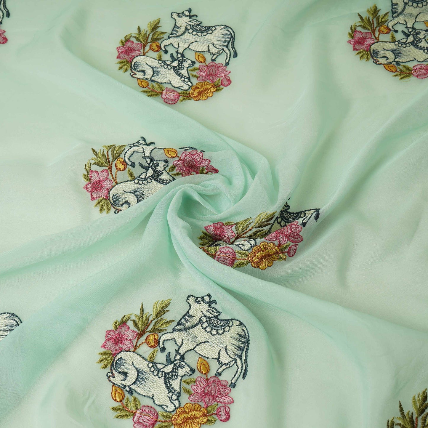 Mint Blue Pichwai embroidery Organza Fabric VFS-31538
