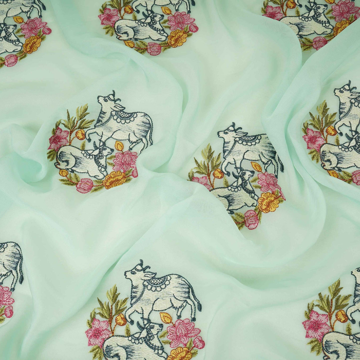 Mint Blue Pichwai embroidery Organza Fabric VFS-31538