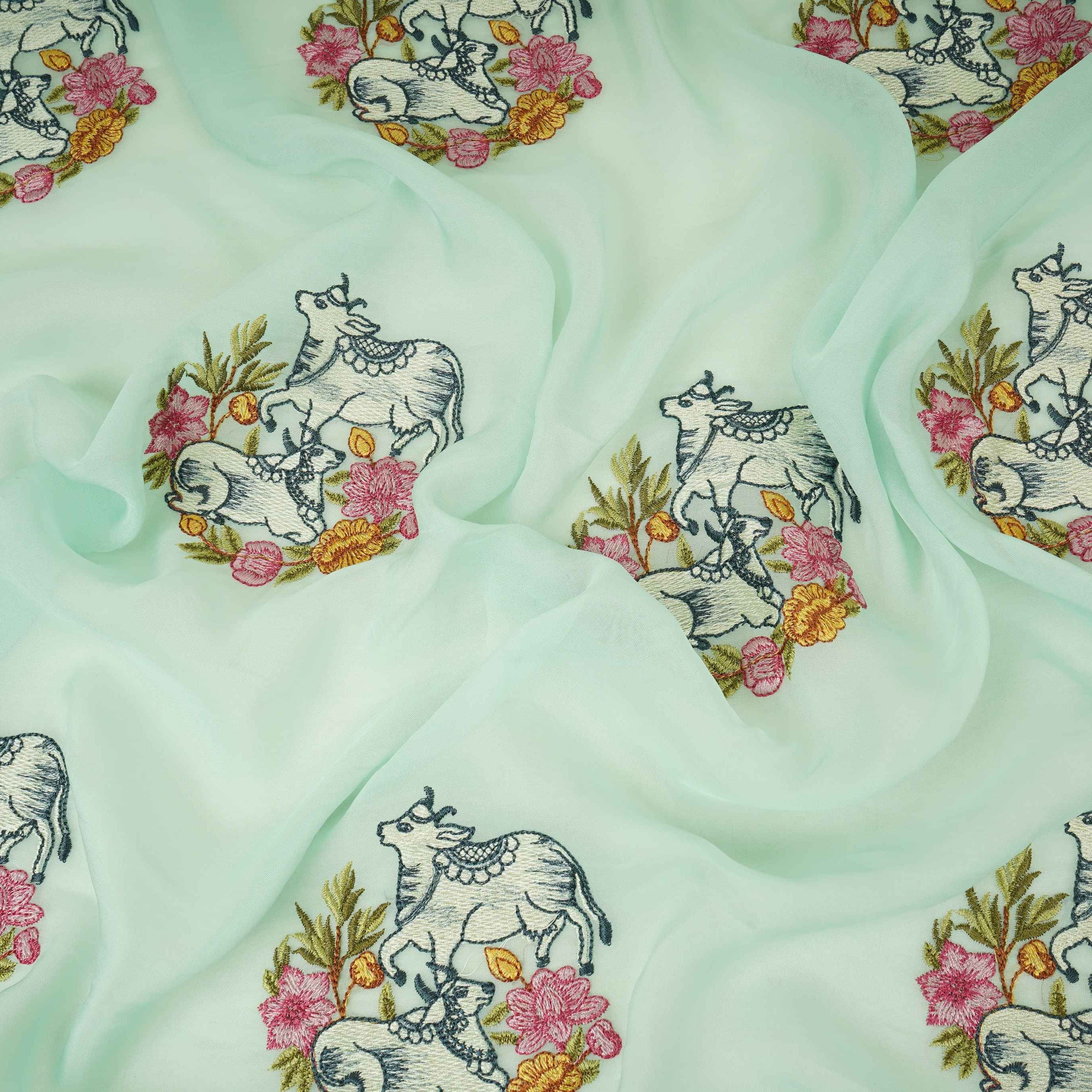 Mint Blue Pichwai embroidery Organza Fabric VFS-31538 - TradeUNO