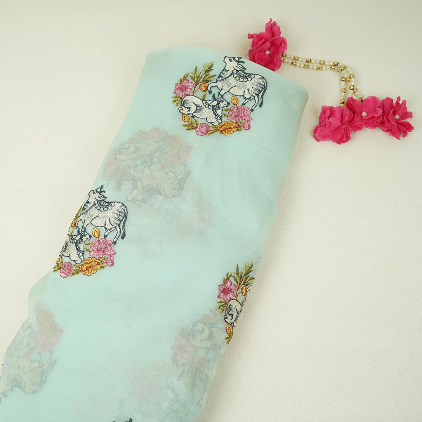 Mint Blue Pichwai embroidery Organza Fabric VFS-31538