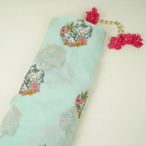 Mint Blue Pichwai embroidery Organza Fabric VFS-31538