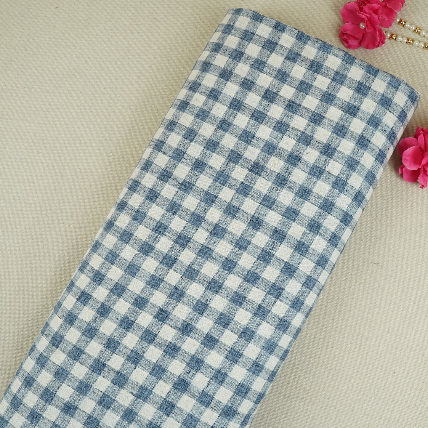 Indigo & White Check Linen Fabric RS-30241
