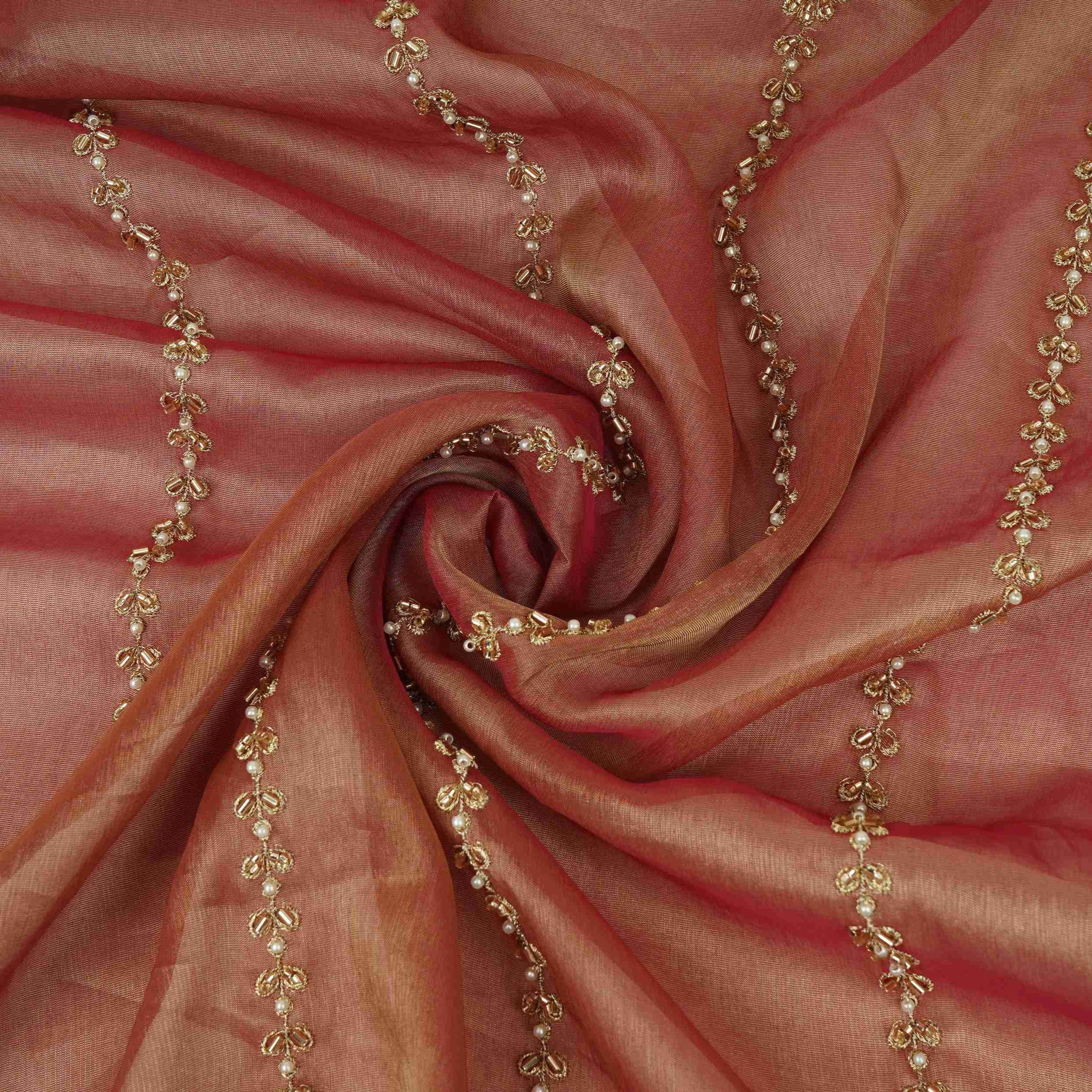 Magenta Pink Pearl Cutdana embroidery Kanjivaram Silk Fabric TFS-31788 - TradeUNO