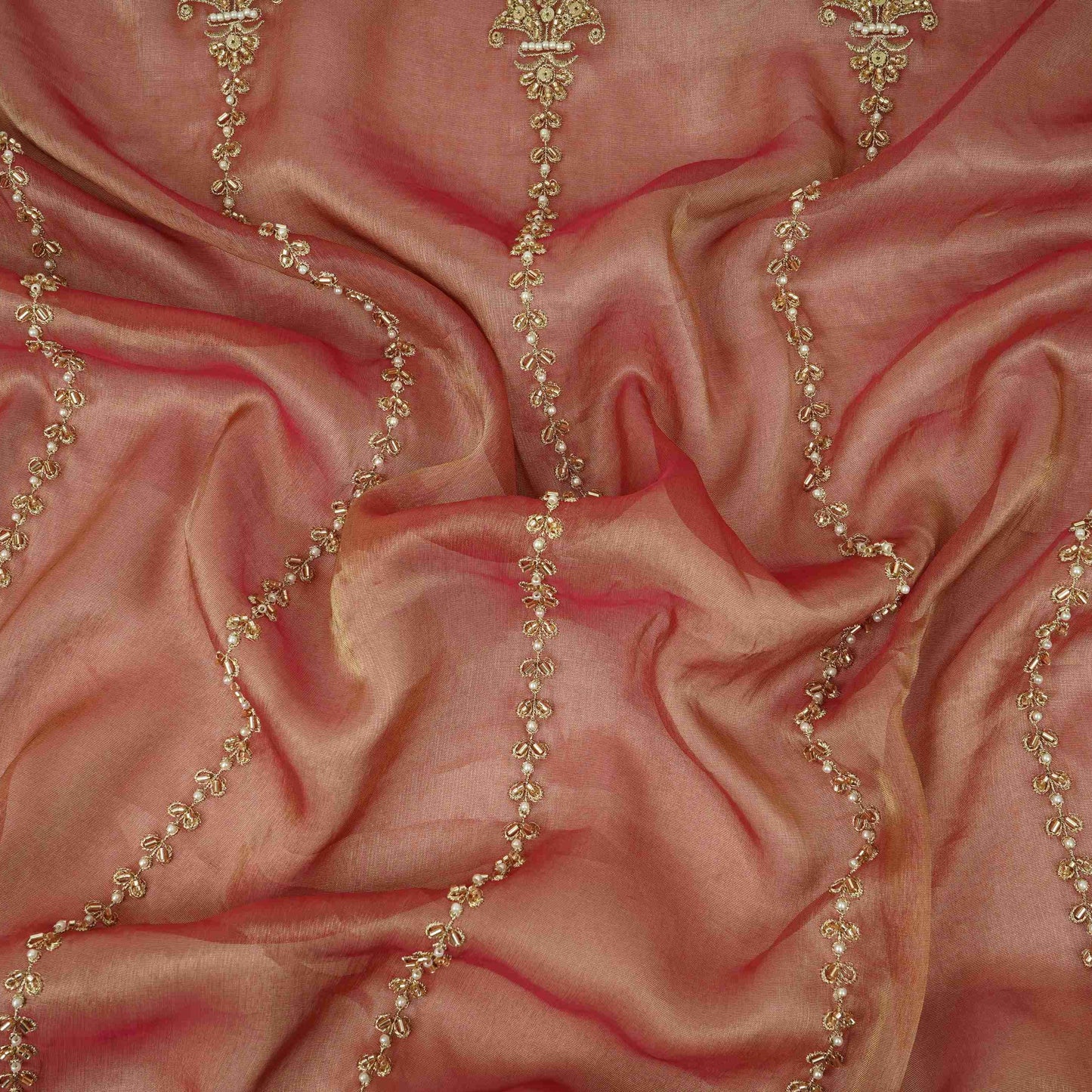 Magenta Pink Pearl Cutdana embroidery Kanjivaram Silk Fabric TFS-31788