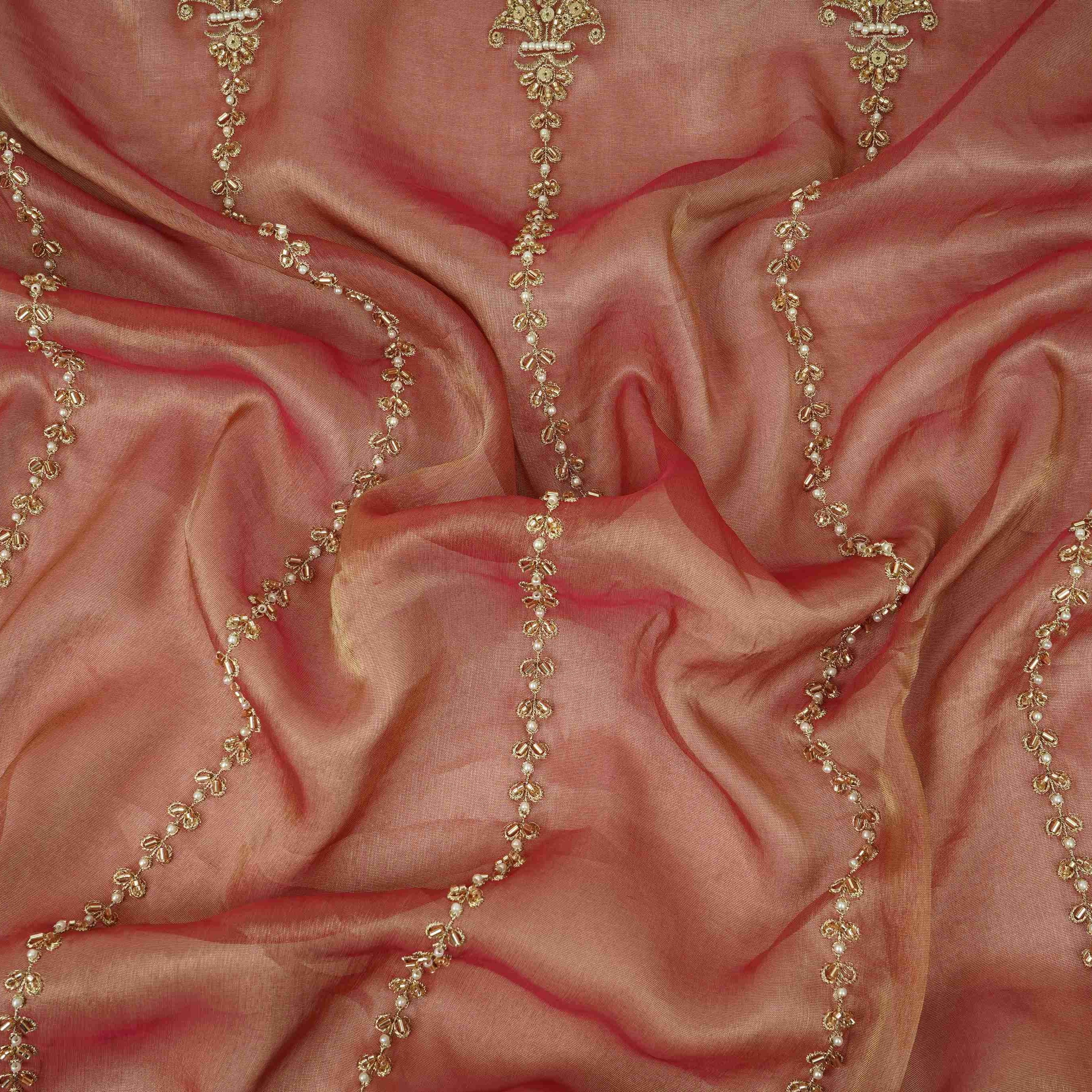 Magenta Pink Pearl Cutdana embroidery Kanjivaram Silk Fabric TFS-31788 - TradeUNO