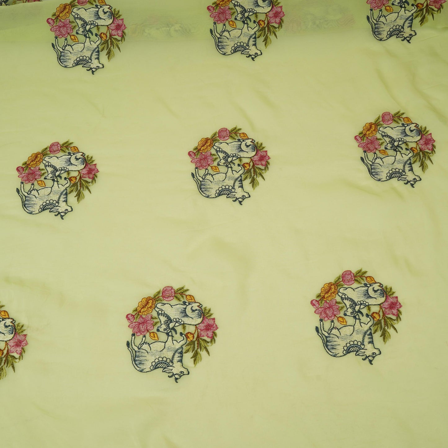 Lime Green Pichwai embroidery Organza Fabric VFS-31539