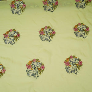 Lime Green Pichwai embroidery Organza Fabric VFS-31539 - TradeUNO