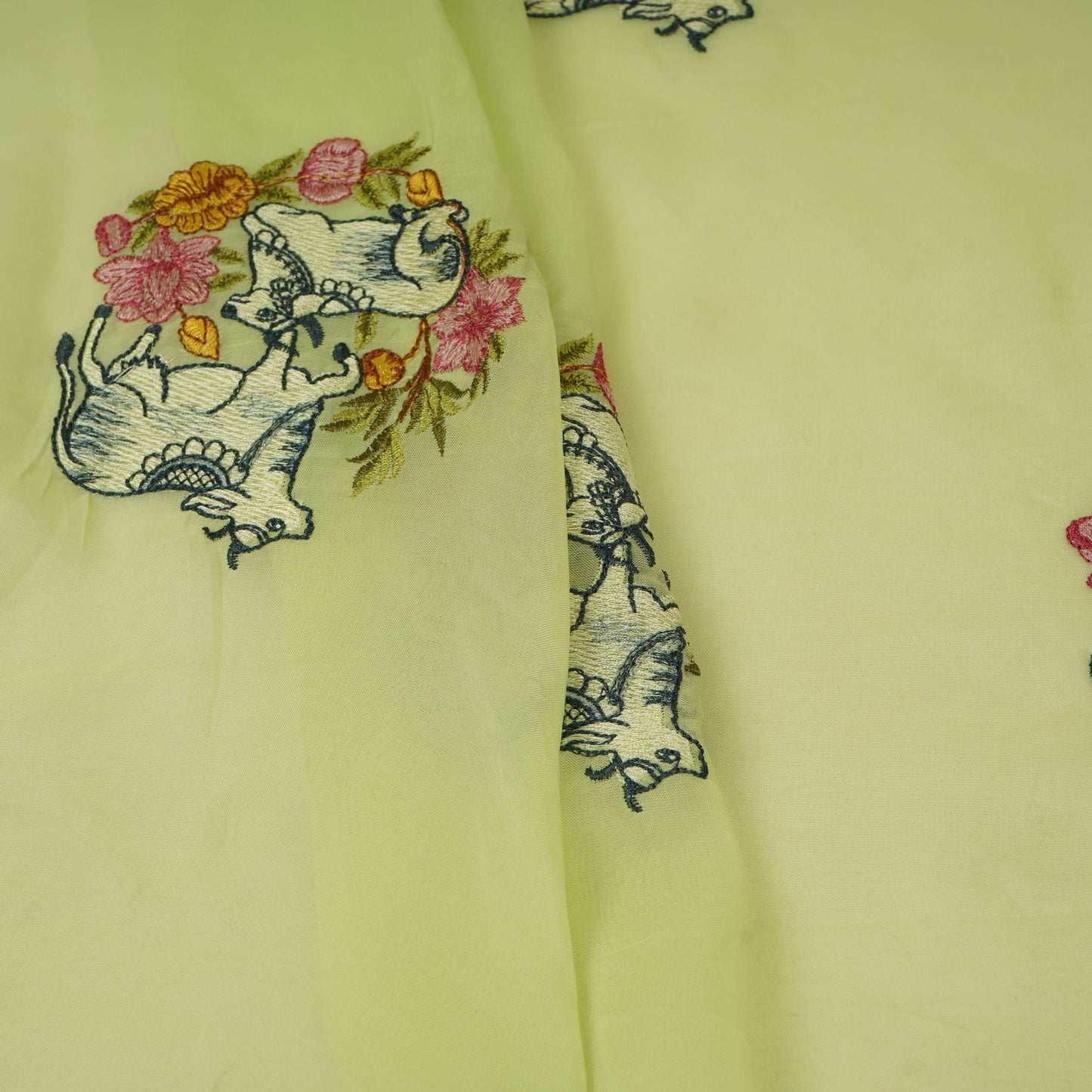 Lime Green Pichwai embroidery Organza Fabric VFS-31539