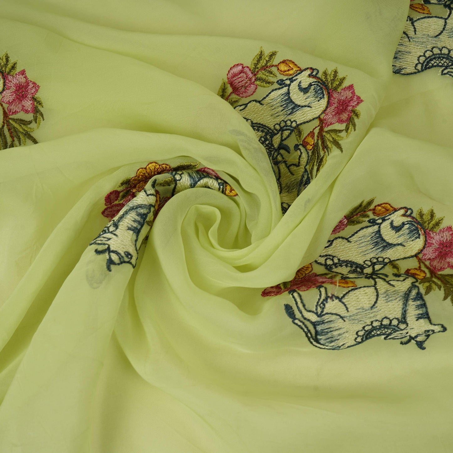 Lime Green Pichwai embroidery Organza Fabric VFS-31539
