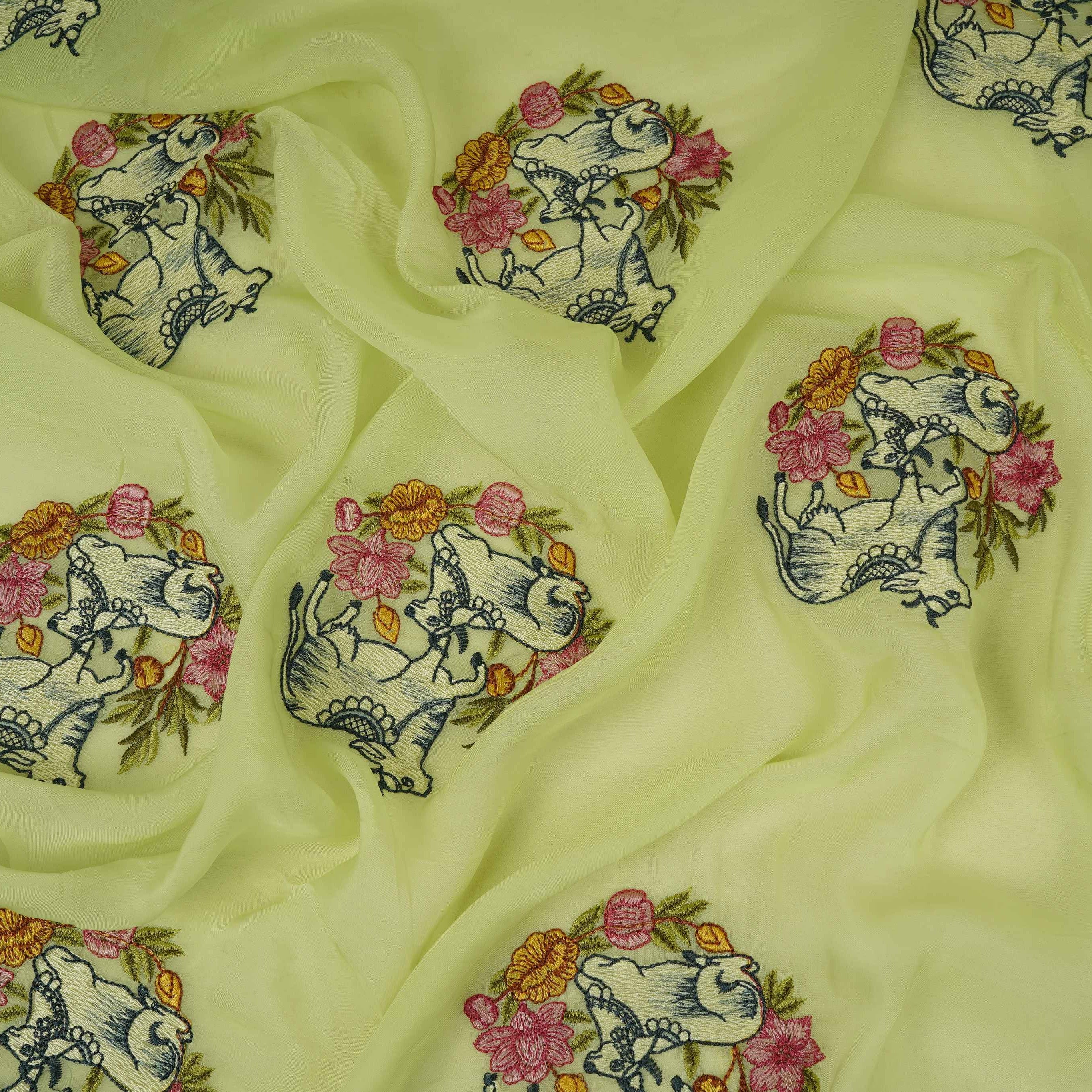Lime Green Pichwai embroidery Organza Fabric VFS-31539 - TradeUNO