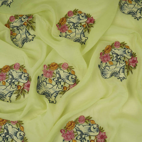 Lime Green Pichwai embroidery Organza Fabric VFS-31539