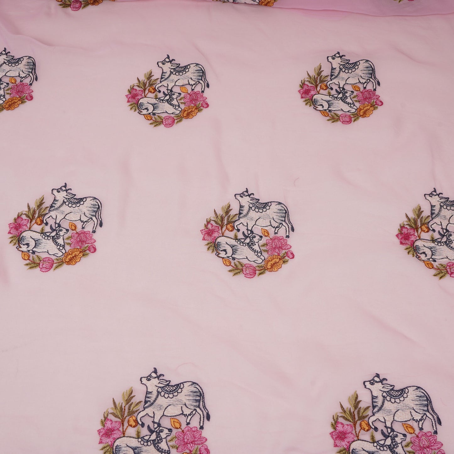 Baby Pink Pichwai embroidery Organza Fabric VFS-31537