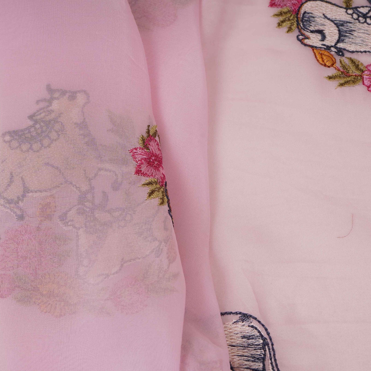 Baby Pink Pichwai embroidery Organza Fabric VFS-31537