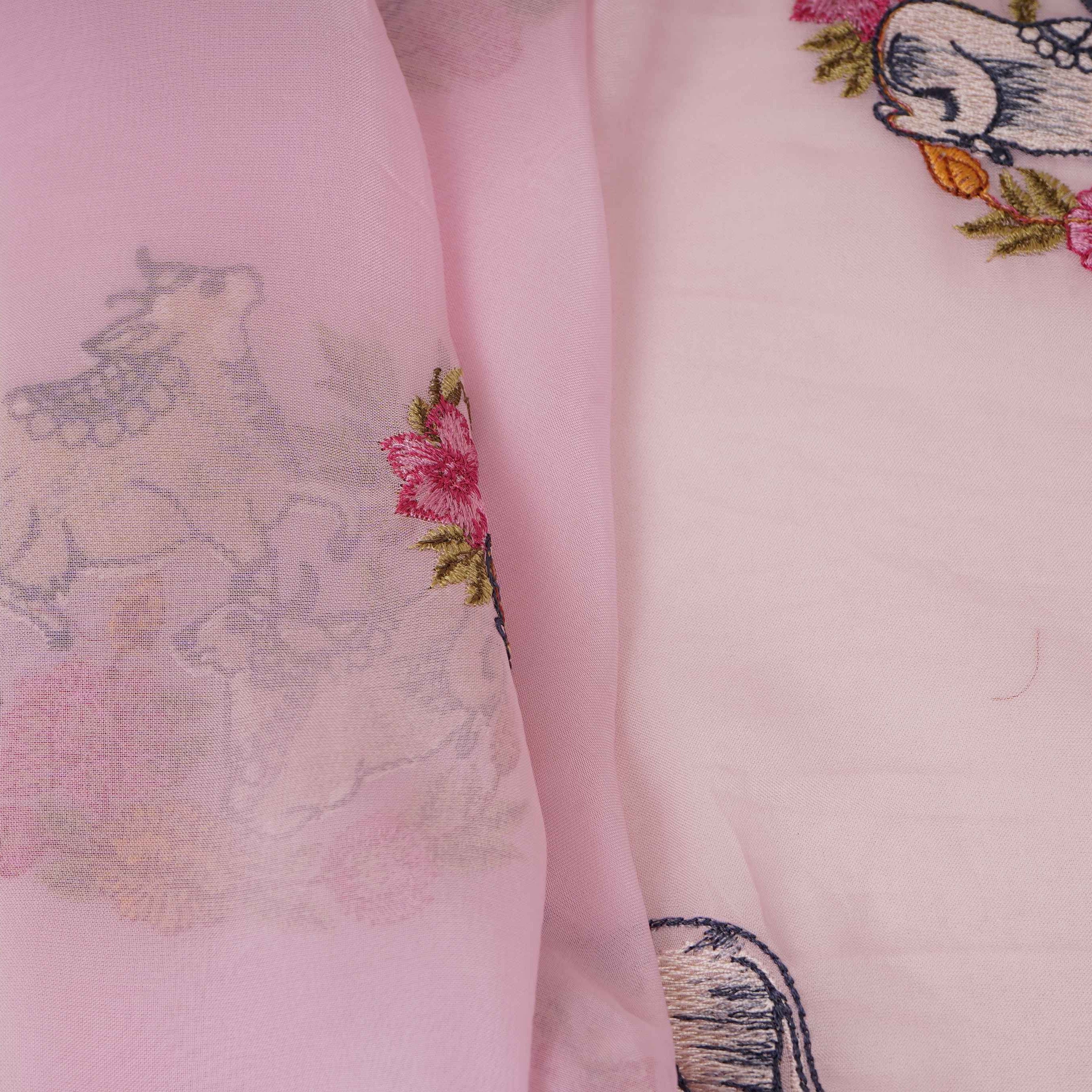 Baby Pink Pichwai embroidery Organza Fabric VFS-31537 - TradeUNO