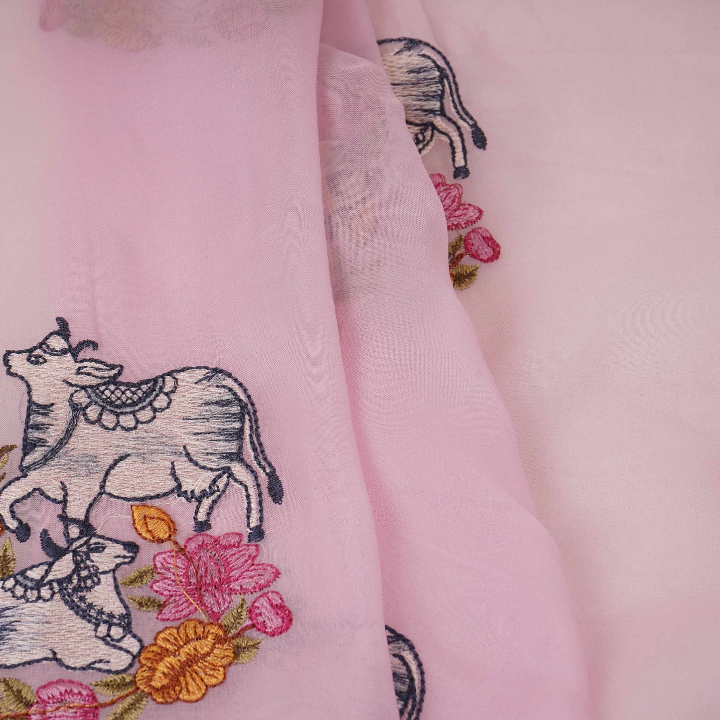 Baby Pink Pichwai embroidery Organza Fabric VFS-31537