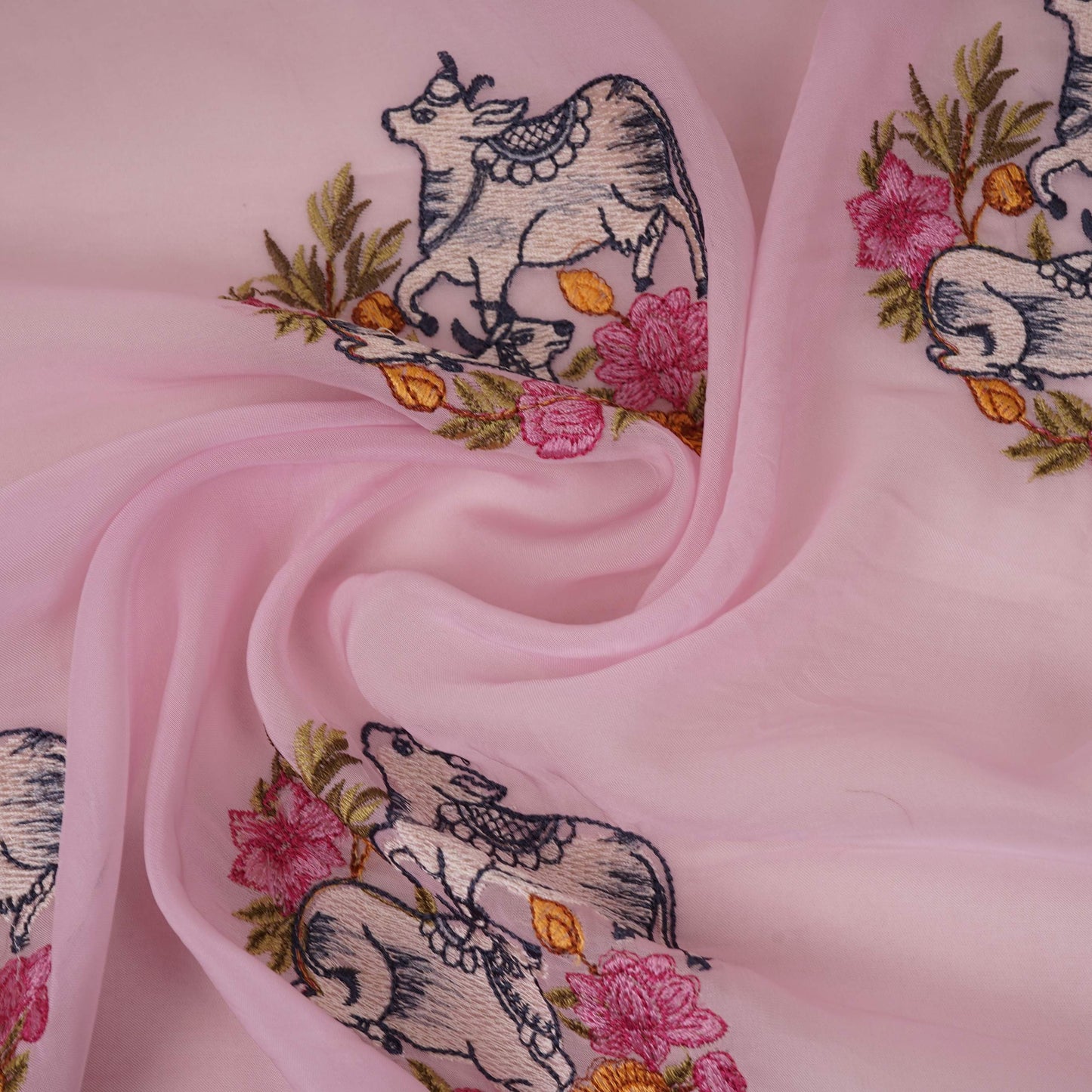 Baby Pink Pichwai embroidery Organza Fabric VFS-31537