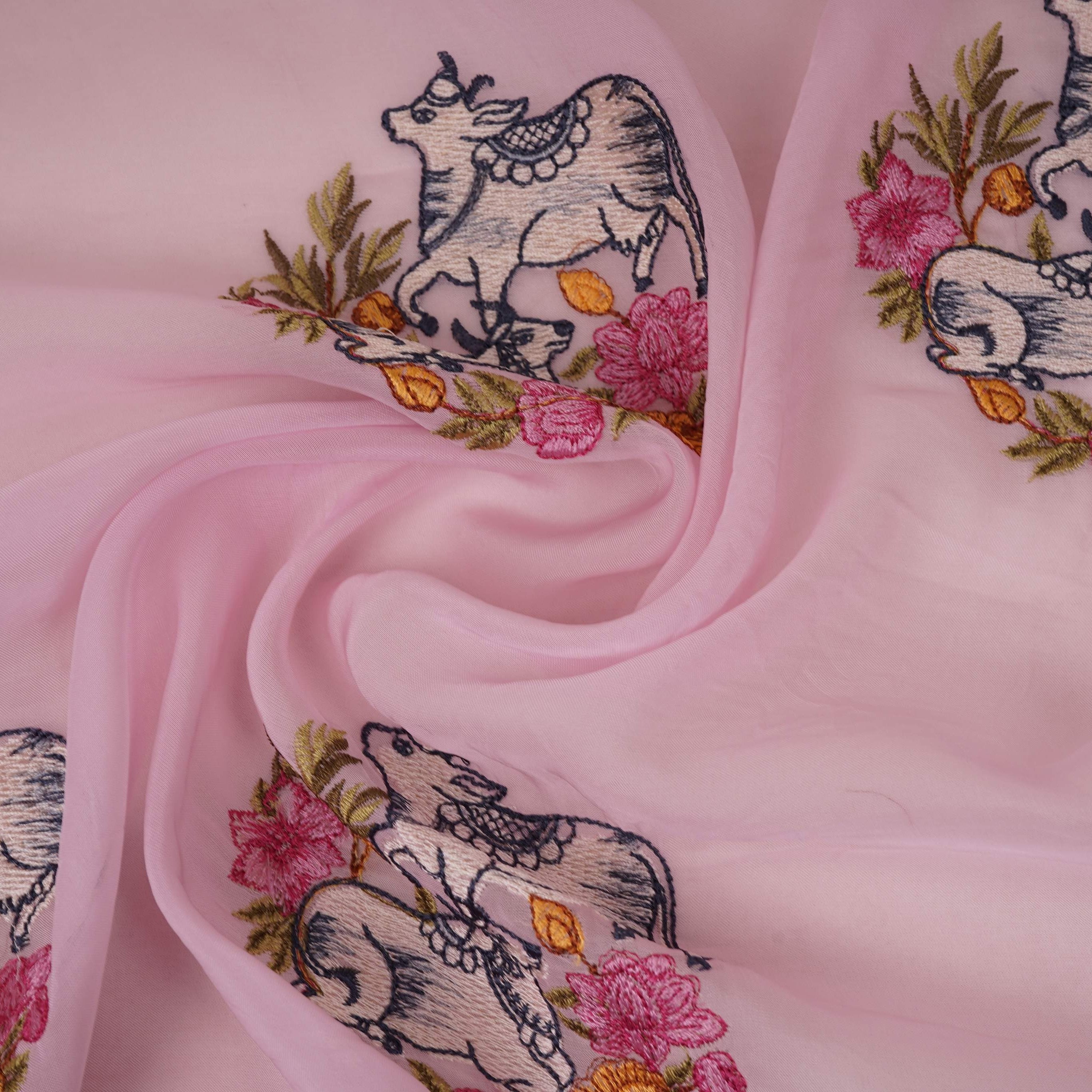 Baby Pink Pichwai embroidery Organza Fabric VFS-31537 - TradeUNO