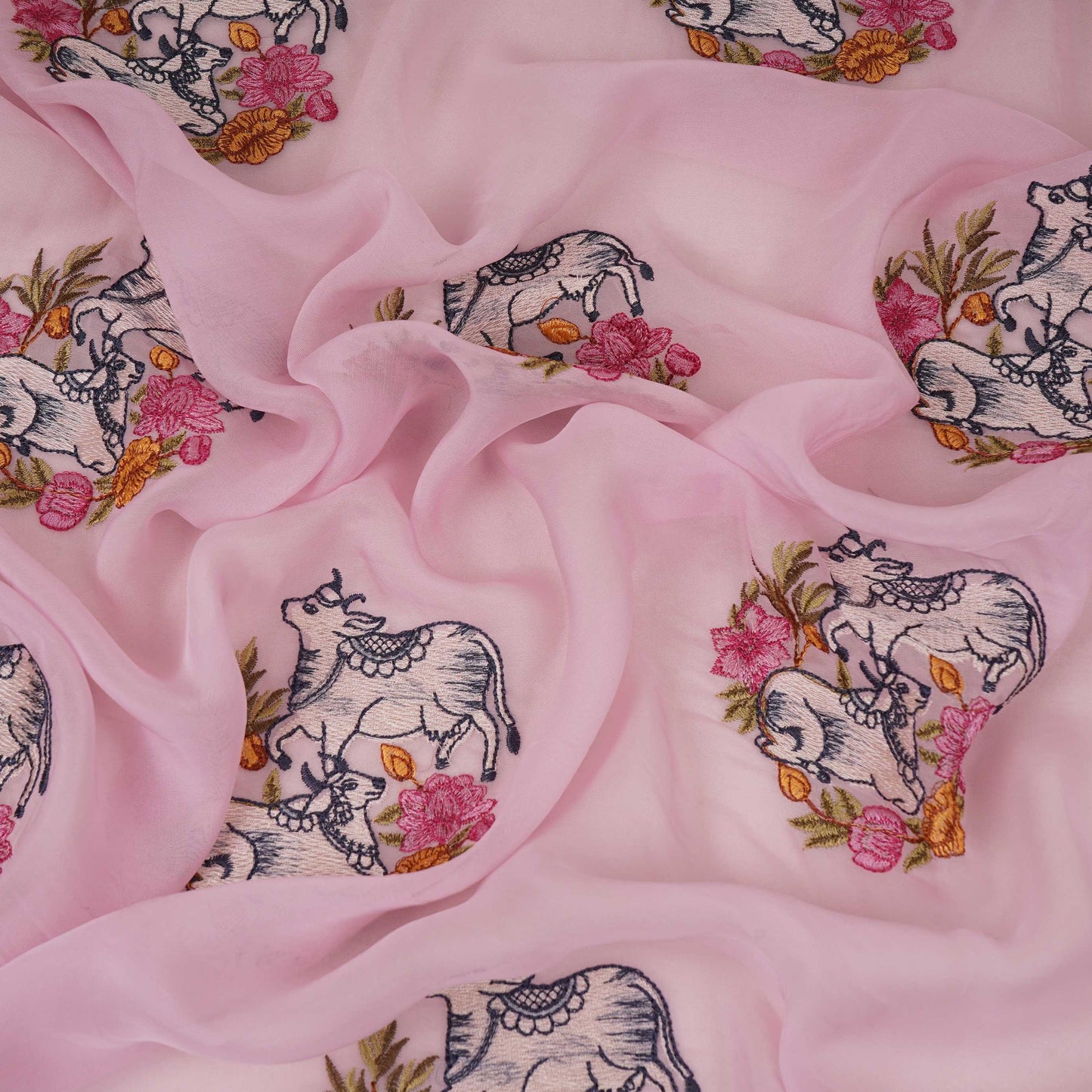 Baby Pink Pichwai embroidery Organza Fabric VFS-31537