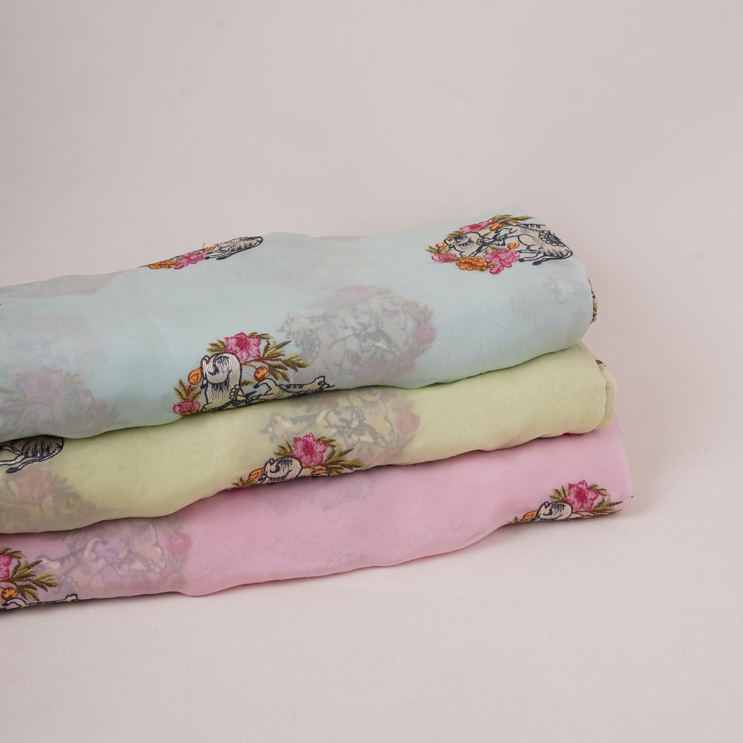 Baby Pink Pichwai embroidery Organza Fabric VFS-31537