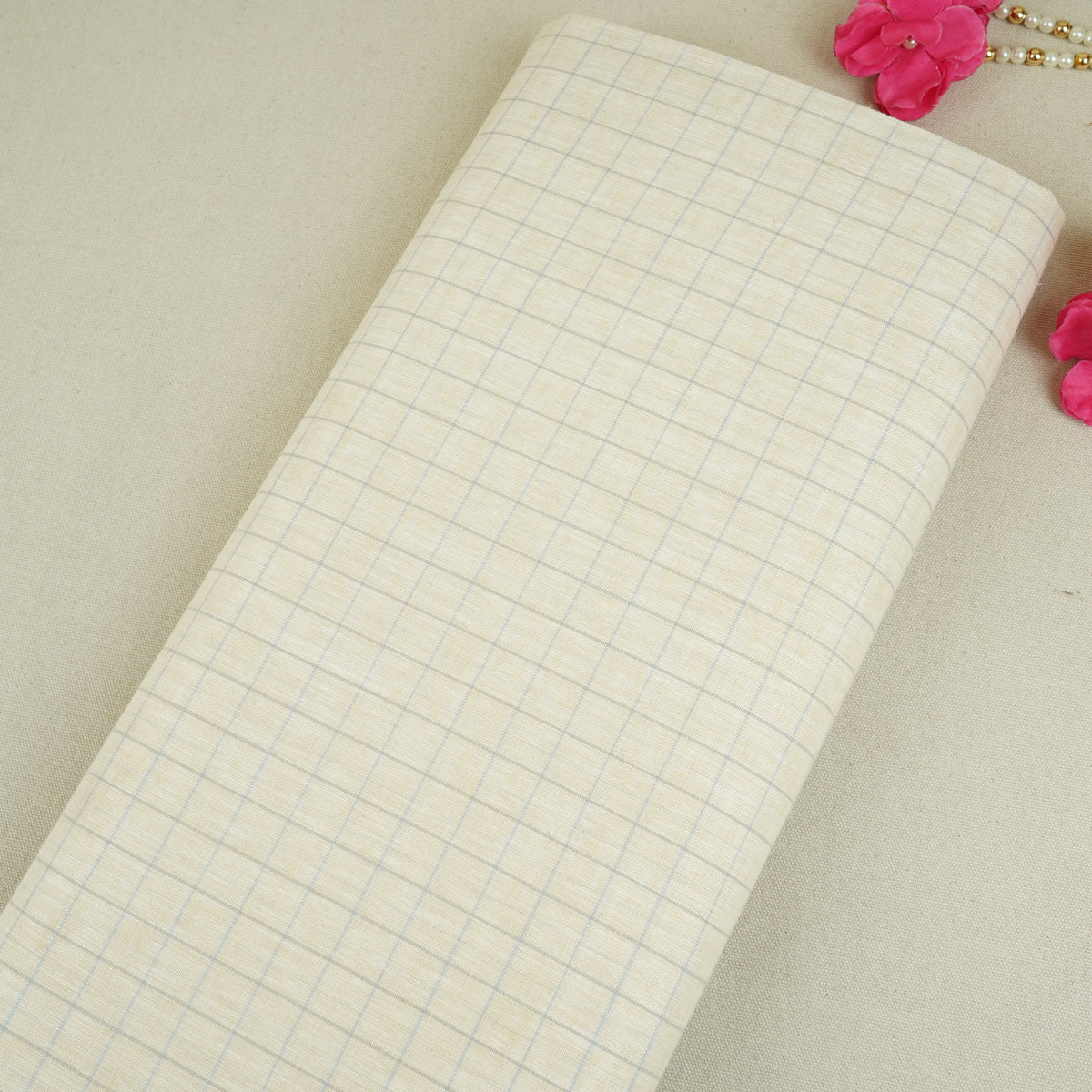 Beige Check Print Linen Fabric MFM-30130 - TradeUNO