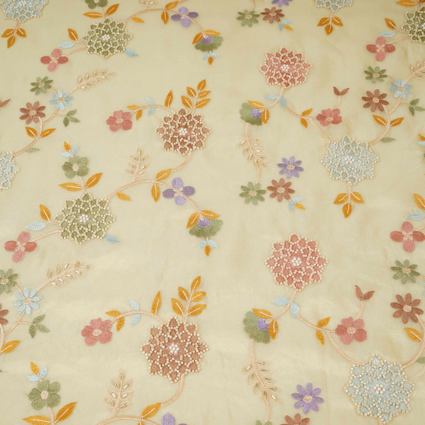 Golden Multicolor floral Jaal with Bead embroidery Kanjivaram Silk Fabric TFS-31786