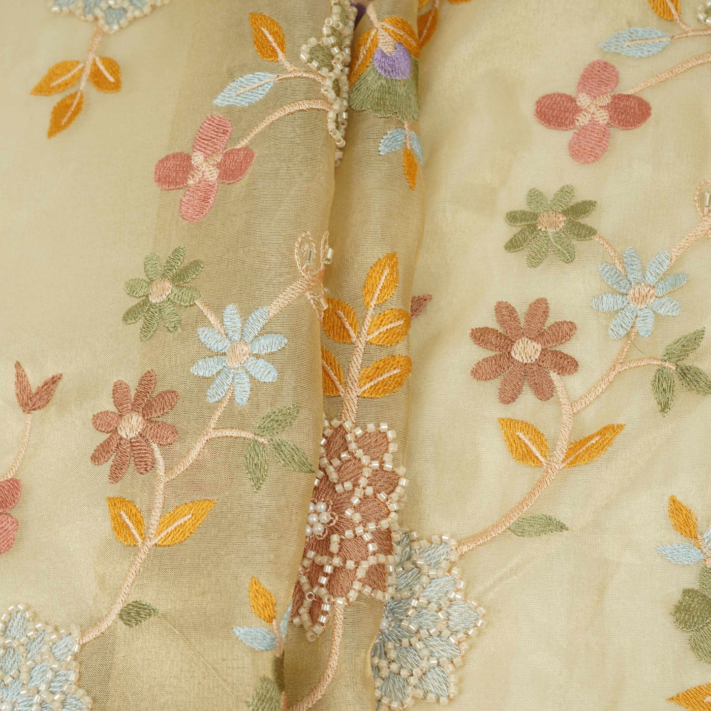 Golden Multicolor floral Jaal with Bead embroidery Kanjivaram Silk Fabric TFS-31786