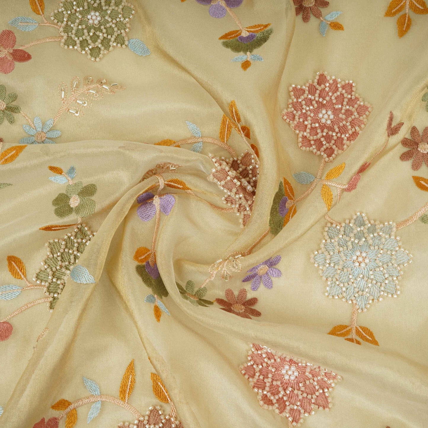 Golden Multicolor floral Jaal with Bead embroidery Kanjivaram Silk Fabric TFS-31786