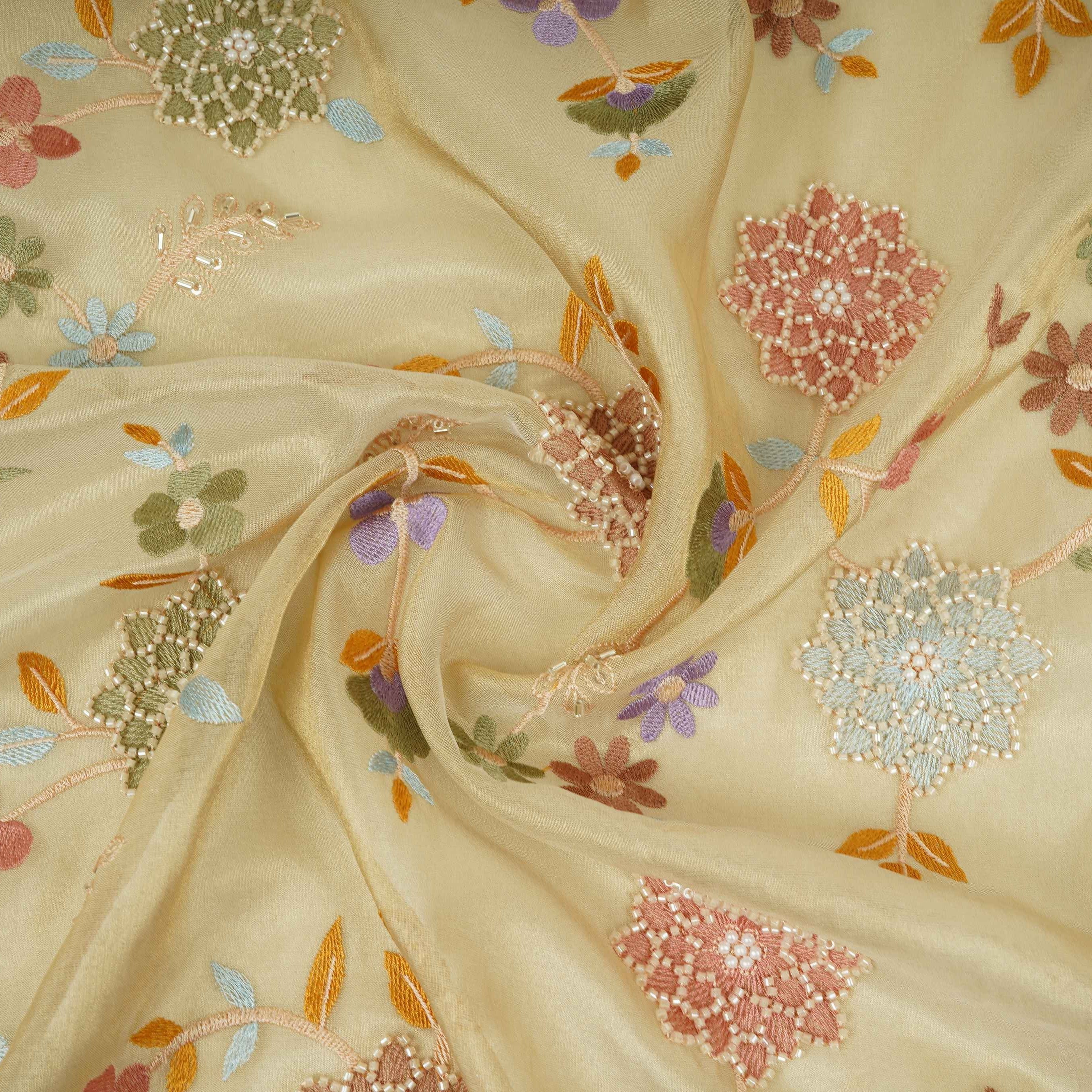 Golden Multicolor floral Jaal with Bead embroidery Kanjivaram Silk Fabric TFS-31786 - TradeUNO