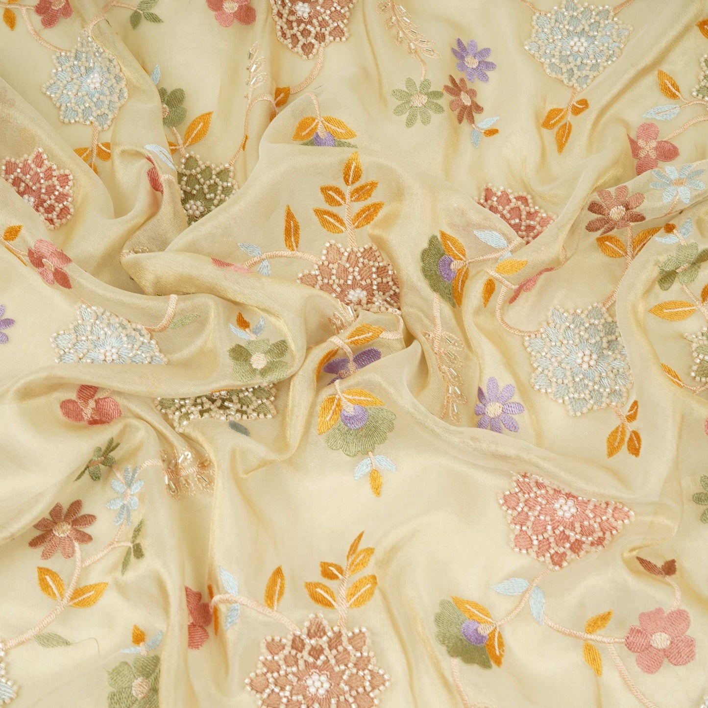 Golden Multicolor floral Jaal with Bead embroidery Kanjivaram Silk Fabric TFS-31786