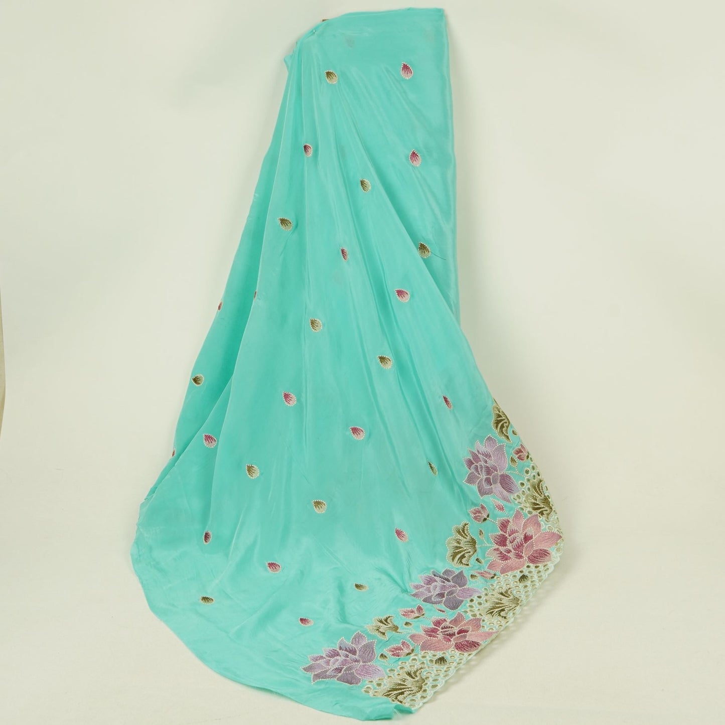 Aqua Blue Cutwork embroidery Crepe Fabric VFS-31652