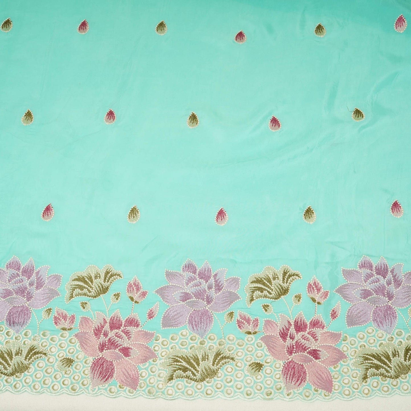 Aqua Blue Cutwork embroidery Crepe Fabric VFS-31652