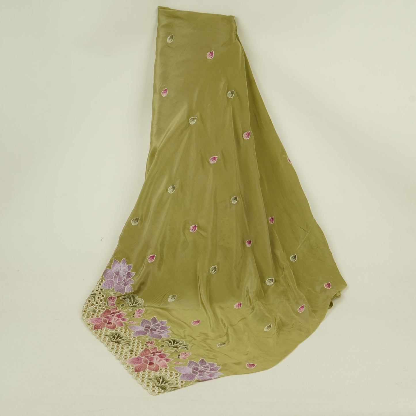 Olive Green Cutwork embroidery Crepe Fabric VFS-31650