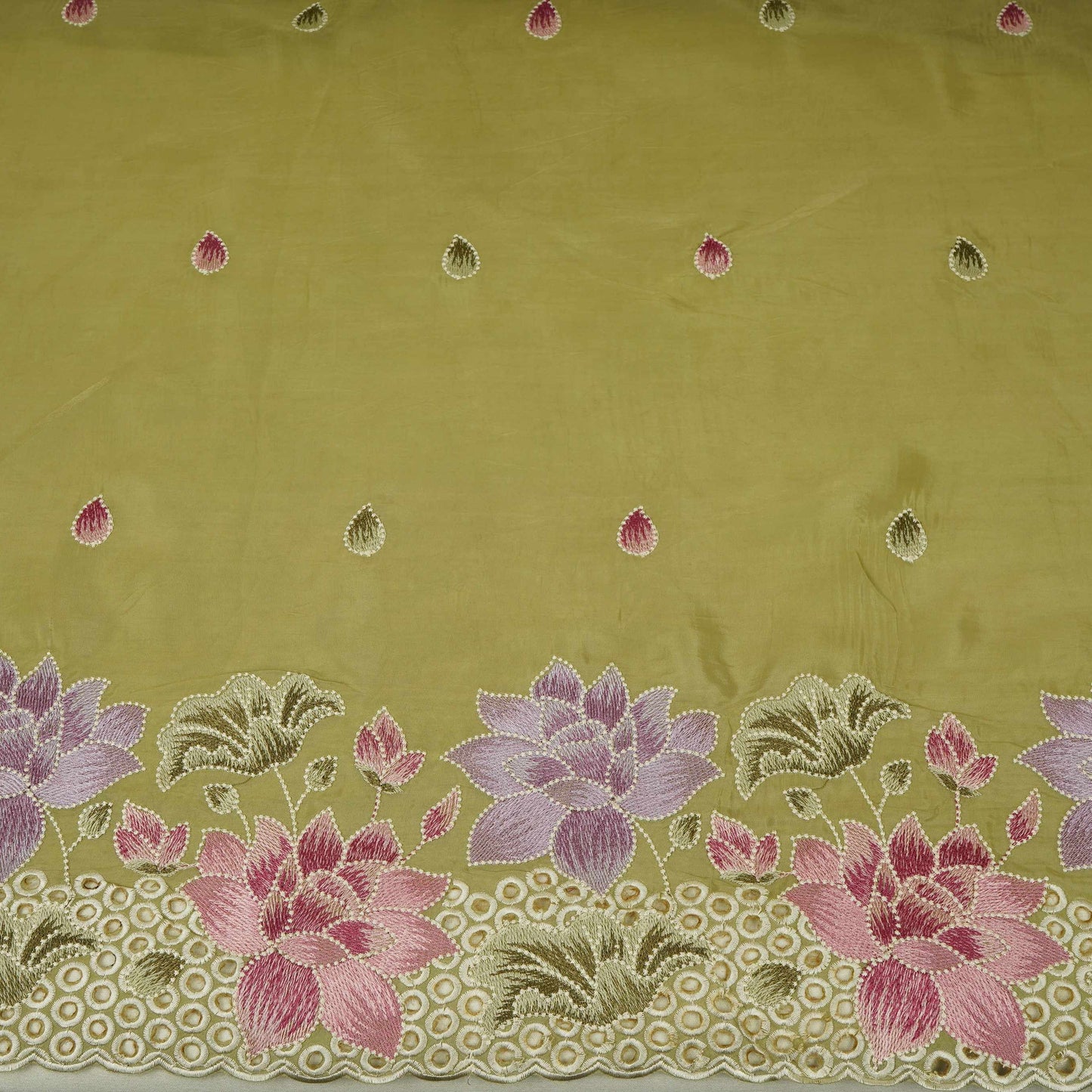 Olive Green Cutwork embroidery Crepe Fabric VFS-31650