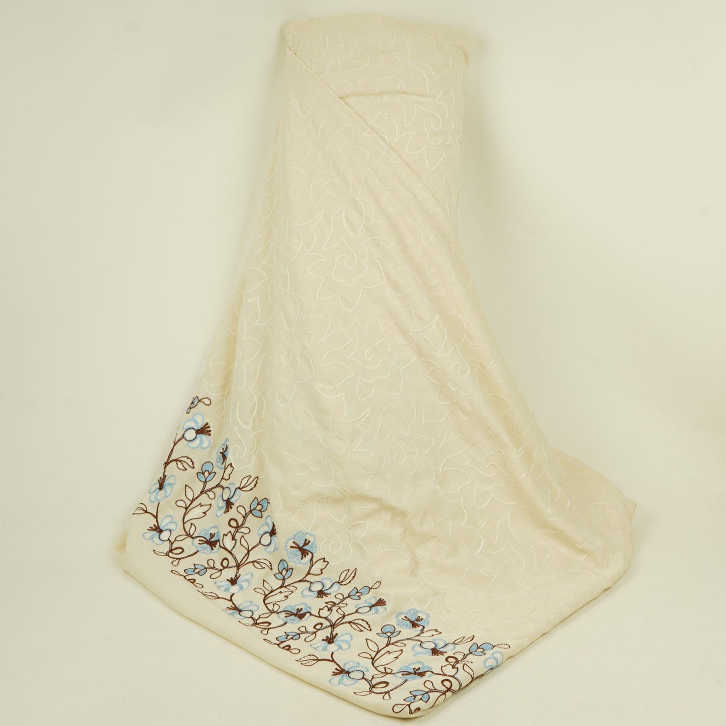Ivory with Lavender thread embroidery Rich Cotton Fabric SFG-31711