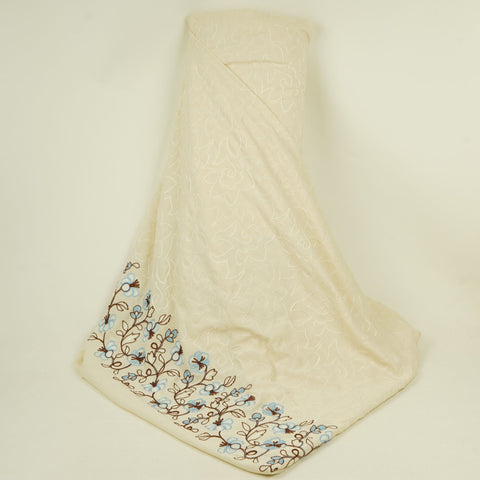 Ivory with Lavender thread embroidery Rich Cotton Fabric SFG-31711