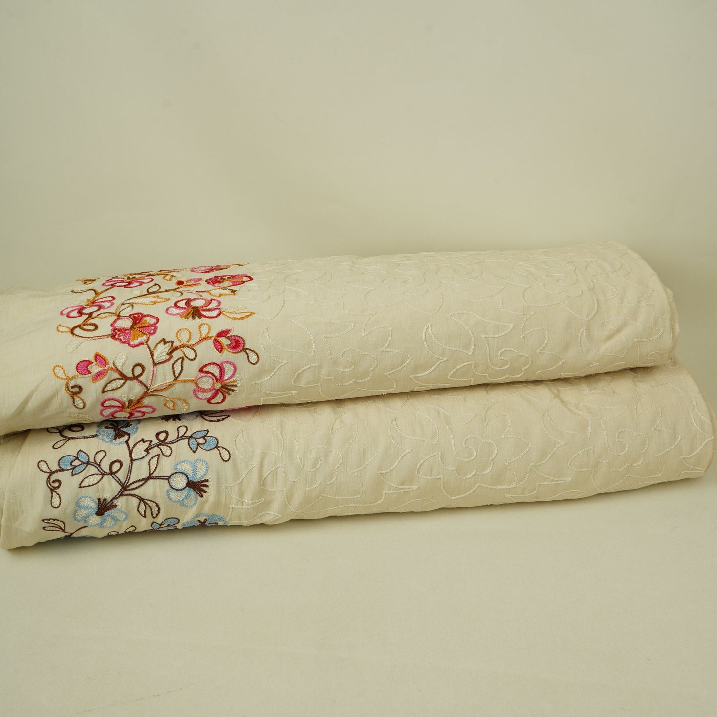 Ivory with Multicolor thread embroidery Rich Cotton Fabric SFG-31710