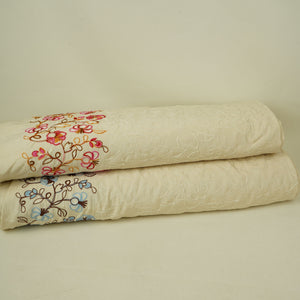 Ivory with Lavender thread embroidery Rich Cotton Fabric SFG-31711 - TradeUNO