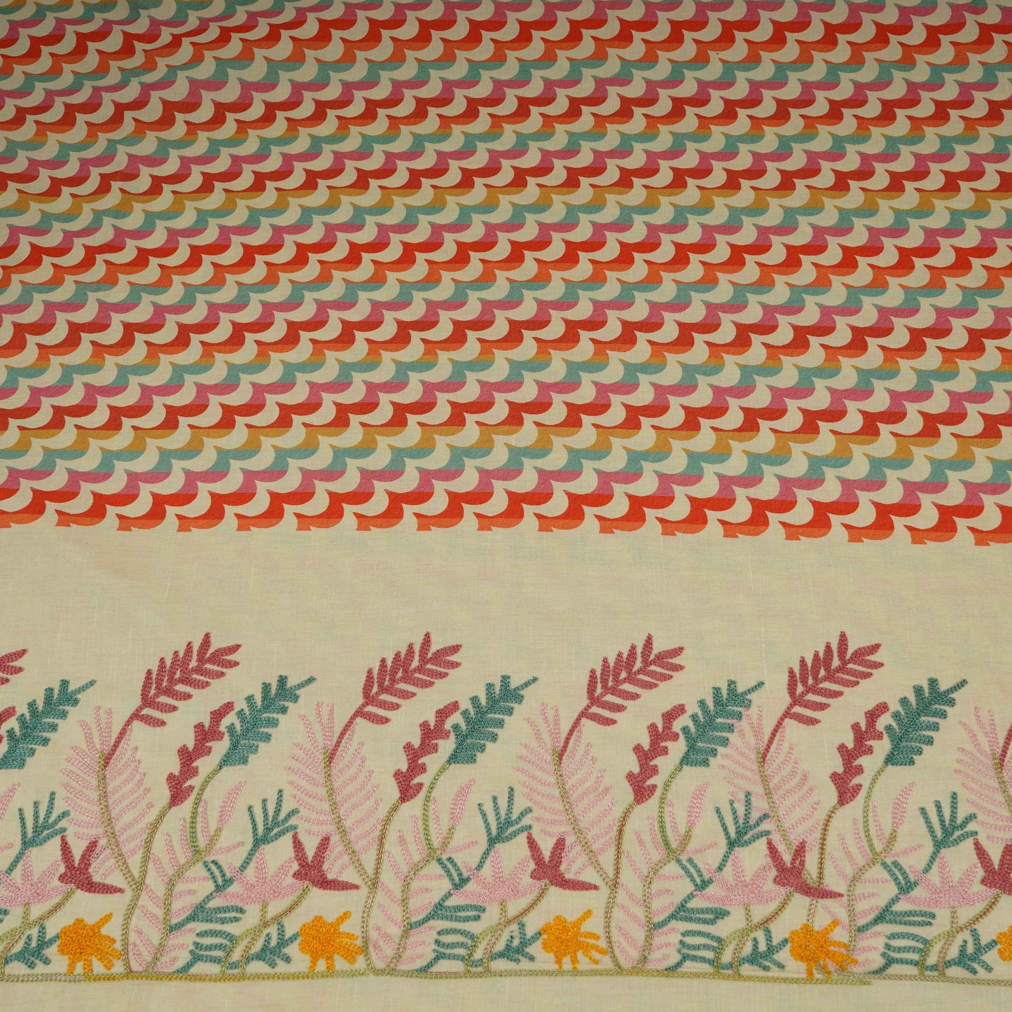 Cream with Multicolor thread embroidery Linen Fabric SFG-31990