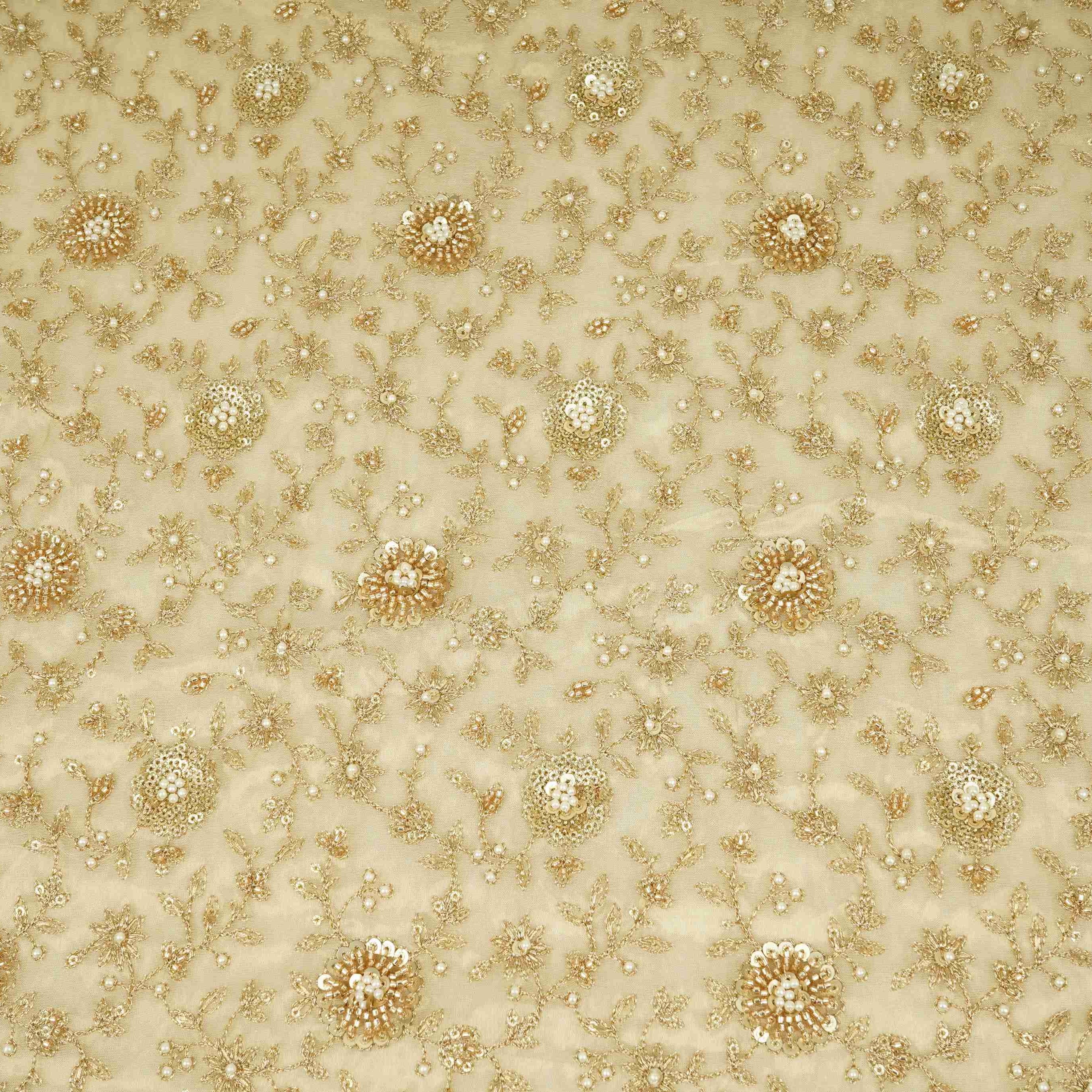 Golden floral Cutdana Sequins embroidery Kanjivaram Silk Fabric TFS-31783 - TradeUNO