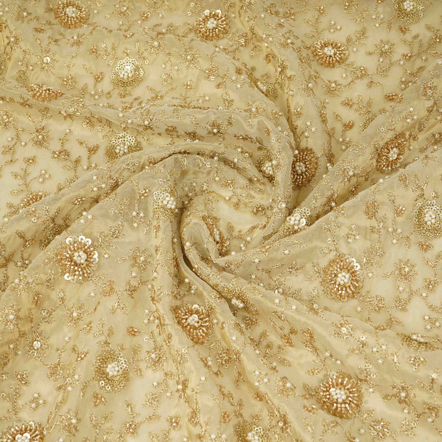 Golden floral Cutdana Sequins embroidery Kanjivaram Silk Fabric TFS-31783