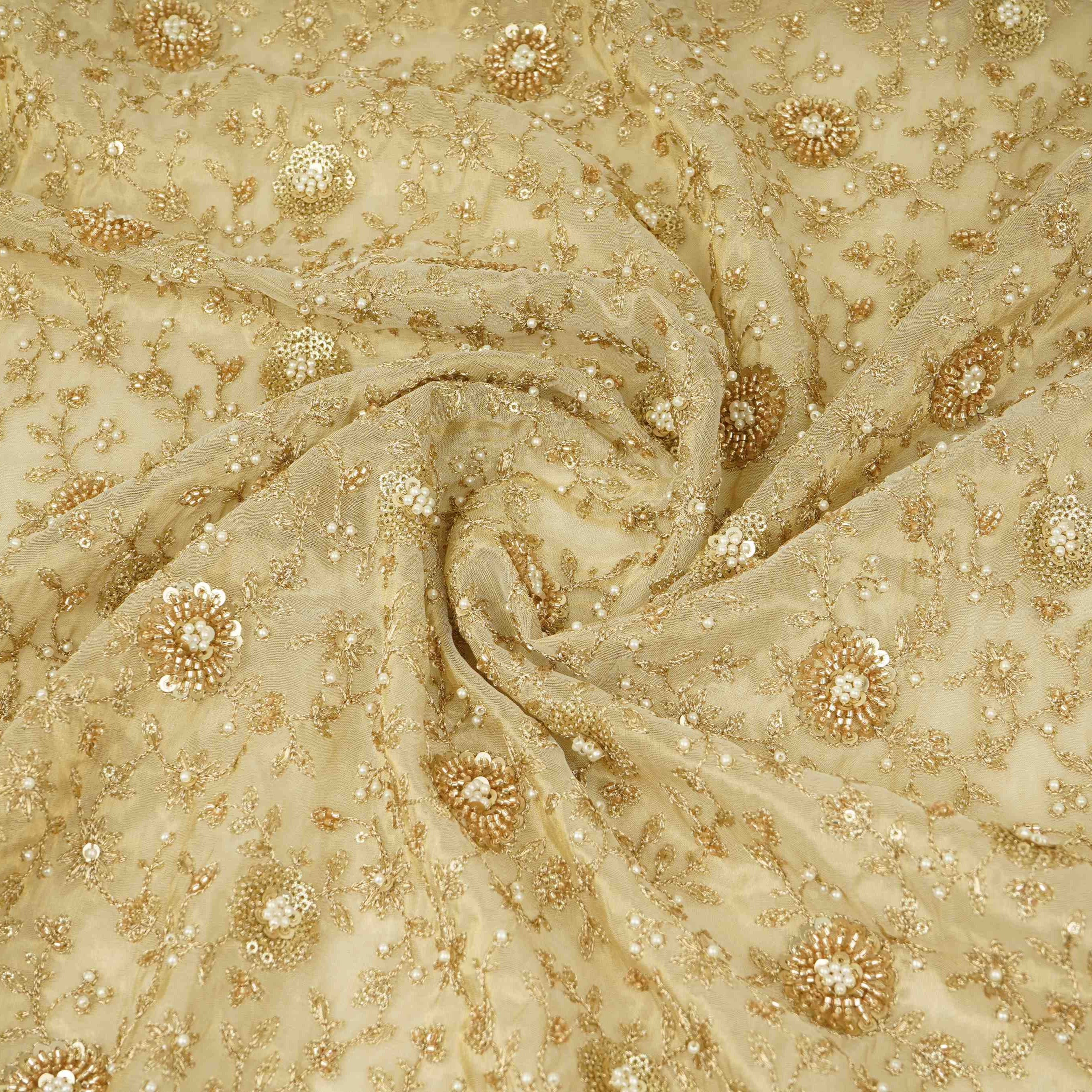 Golden floral Cutdana Sequins embroidery Kanjivaram Silk Fabric TFS-31783 - TradeUNO