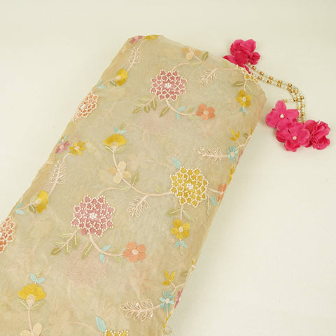 Golden Multicolor floral Jaal with Bead embroidery Kanjivaram Silk Fabric TFS-31785