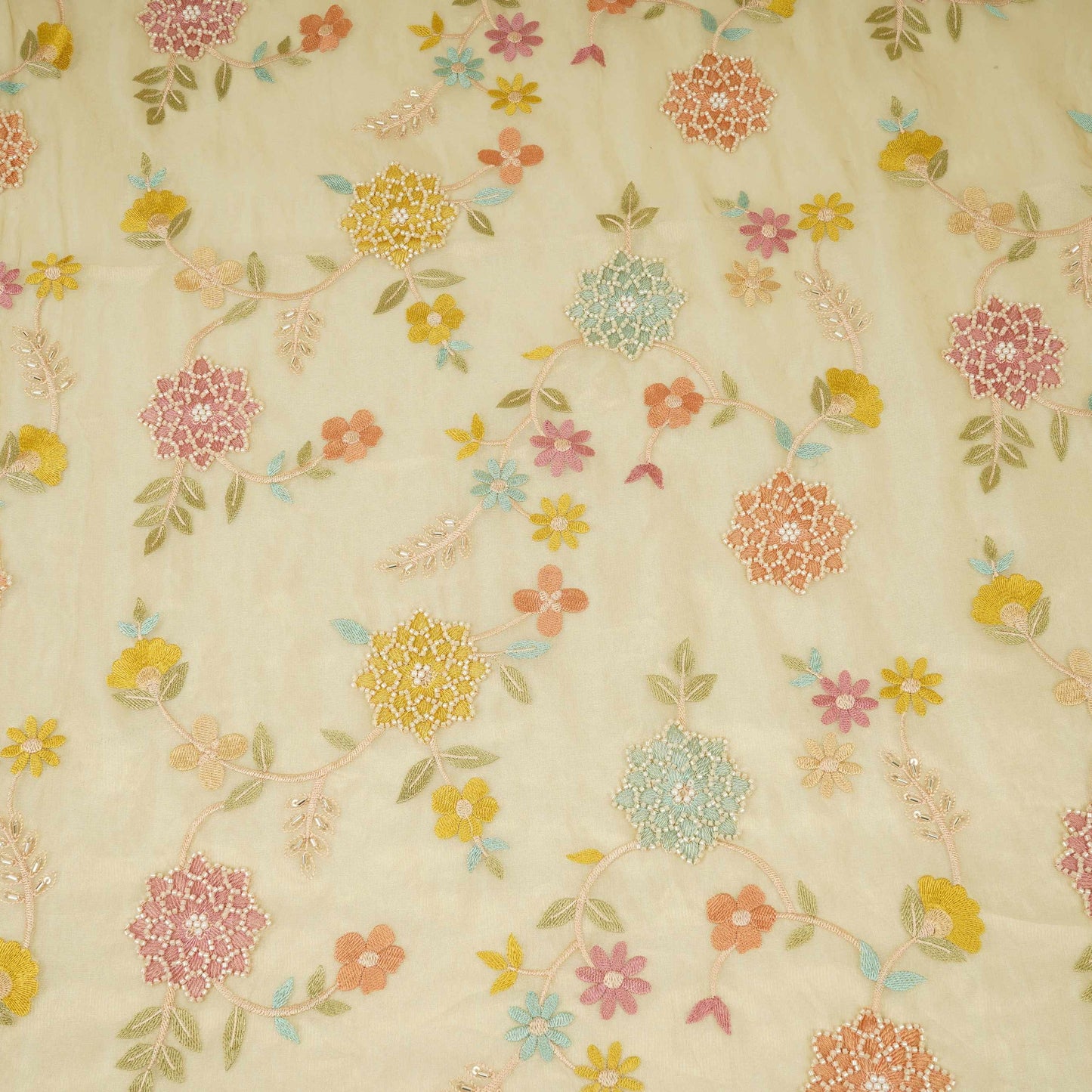 Golden Multicolor floral Jaal with Bead embroidery Kanjivaram Silk Fabric TFS-31785