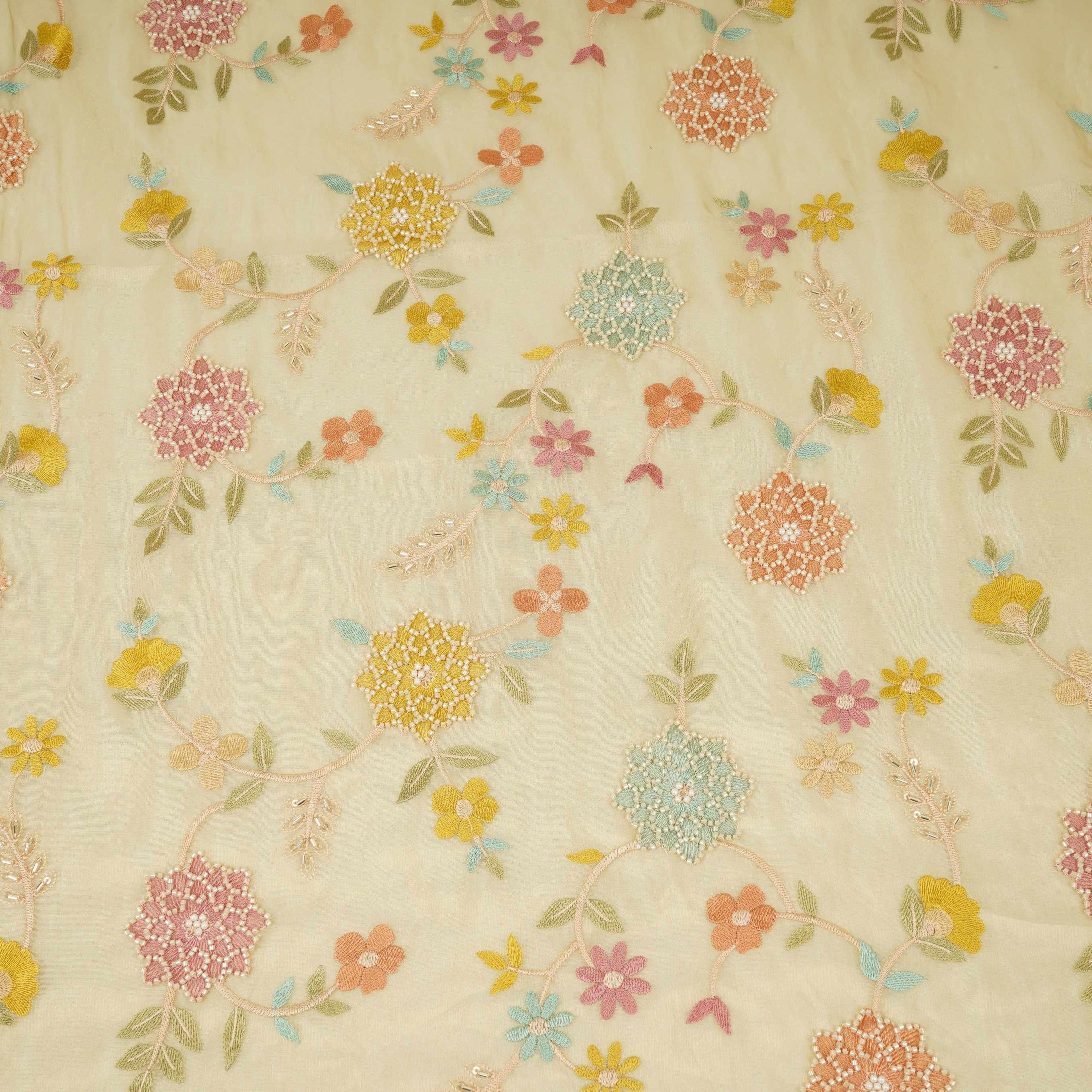 Golden Multicolor floral Jaal with Bead embroidery Kanjivaram Silk Fabric TFS-31785 - TradeUNO