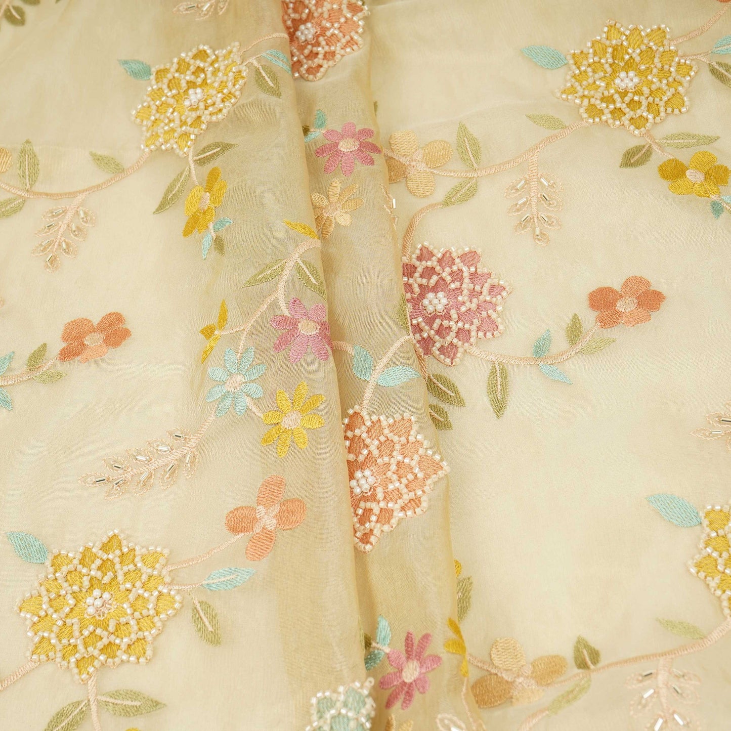 Golden Multicolor floral Jaal with Bead embroidery Kanjivaram Silk Fabric TFS-31785