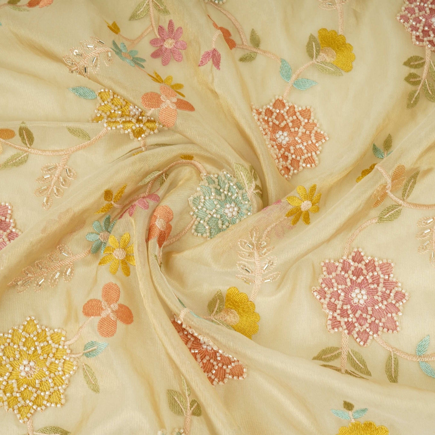 Golden Multicolor floral Jaal with Bead embroidery Kanjivaram Silk Fabric TFS-31785